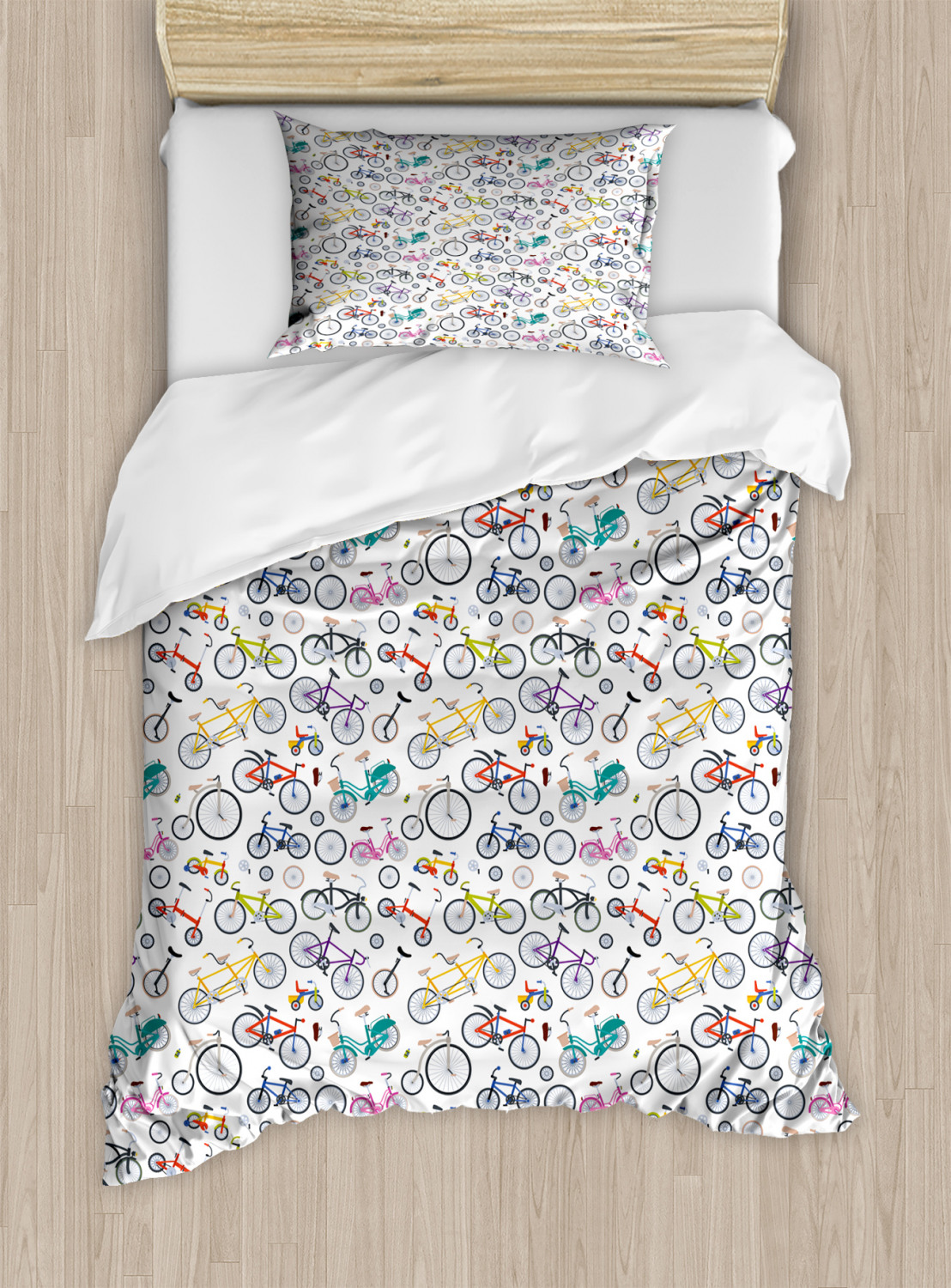 Bicycle Duvet Cover Set Twin Size, Retro Style Colorful Bicycles of All