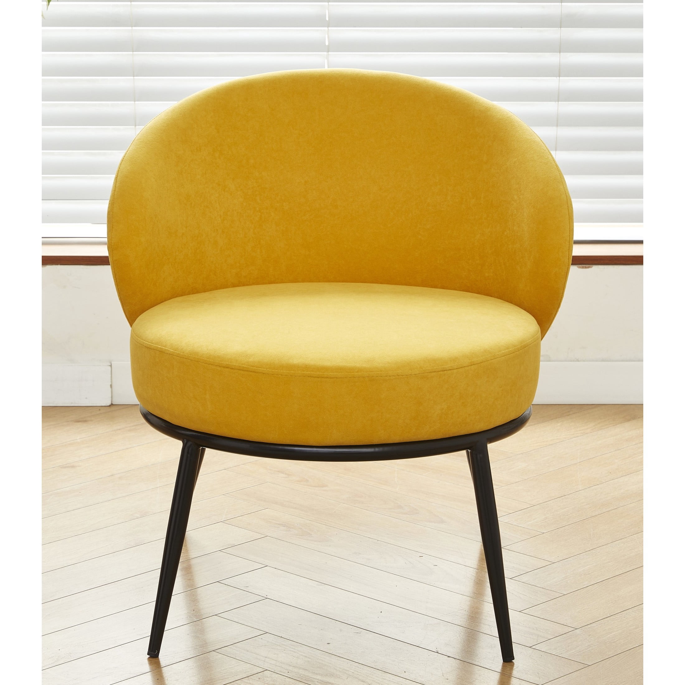 GDF Studio 27.36" Mid-Century Modern Round Accent Chair with Velvet Upholstery, Black Metal Legs, Yellow