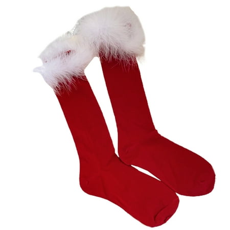 

Women Christmas New Year Holiday Red Knee High Socks with Faux Fur Feather Trim