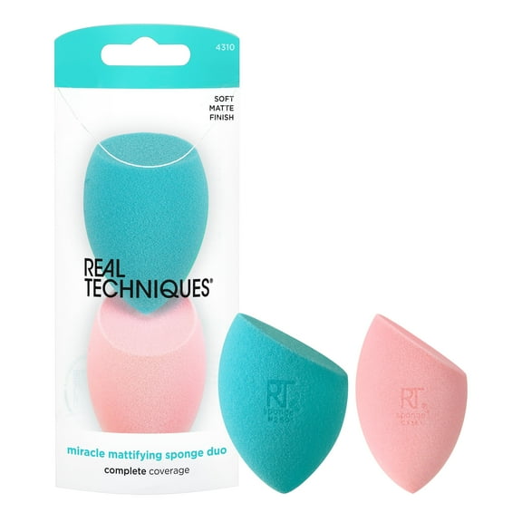 Real Techniques Miracle Mattifying Makeup Sponge Duo, for Powder & Foundation, Multi Color, 2 Count