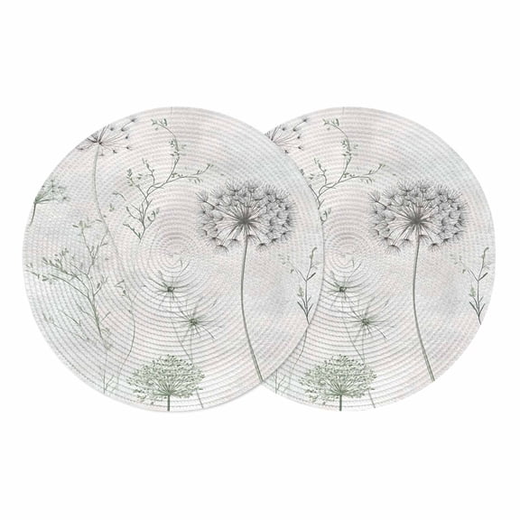 Dandelion Green Botanical Round 15 Inch Placemats Set of 2, Vintage Watercolor Floral HeatResistant Non Slip Place Mats for Dining Table, Wipeable Braided Kitchen Table Mats for Housewarming