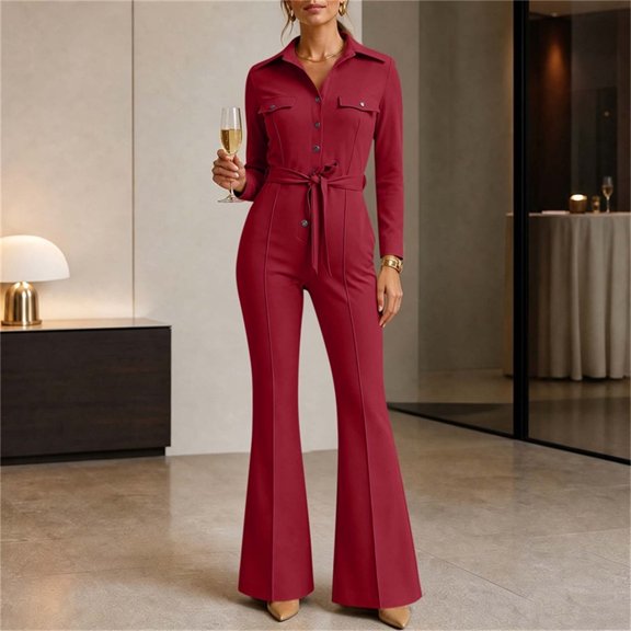 BRGZLK Women Dressy Jumpsuit 2026 Trendy Solid Color Long Sleeve Collared Flare Leg Romper Casual Business Work Jumpsuits Night Out Outfit Overalls Wine L