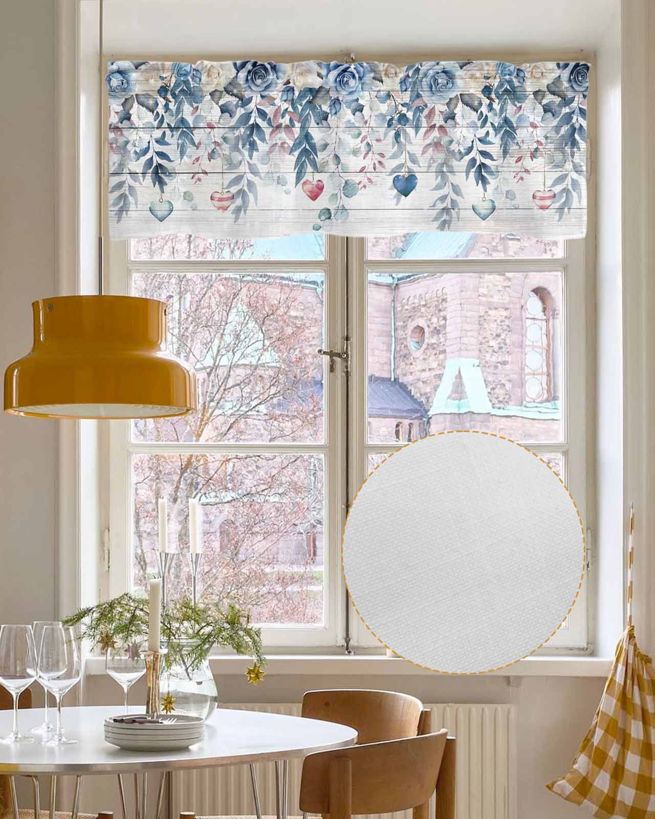 Valentine's Rose Blue Linen Curtain Valance for Bedroom/Bathroom/Kitchen/Office/Living/Dining Room Windows, Farmhouse Woodgrain Leaves Rod Pocket Topper Decorative Cafe Drapes Panel 42"x18"