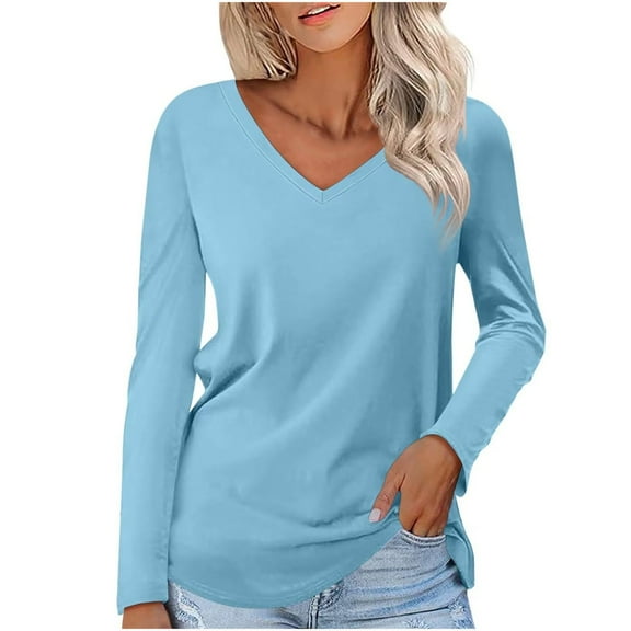 hotojiny Women's Long Sleeve Tops Casual Solid Color Cute V Neck Pullover Lightweight Soft Fall Shirts Spring Clothes