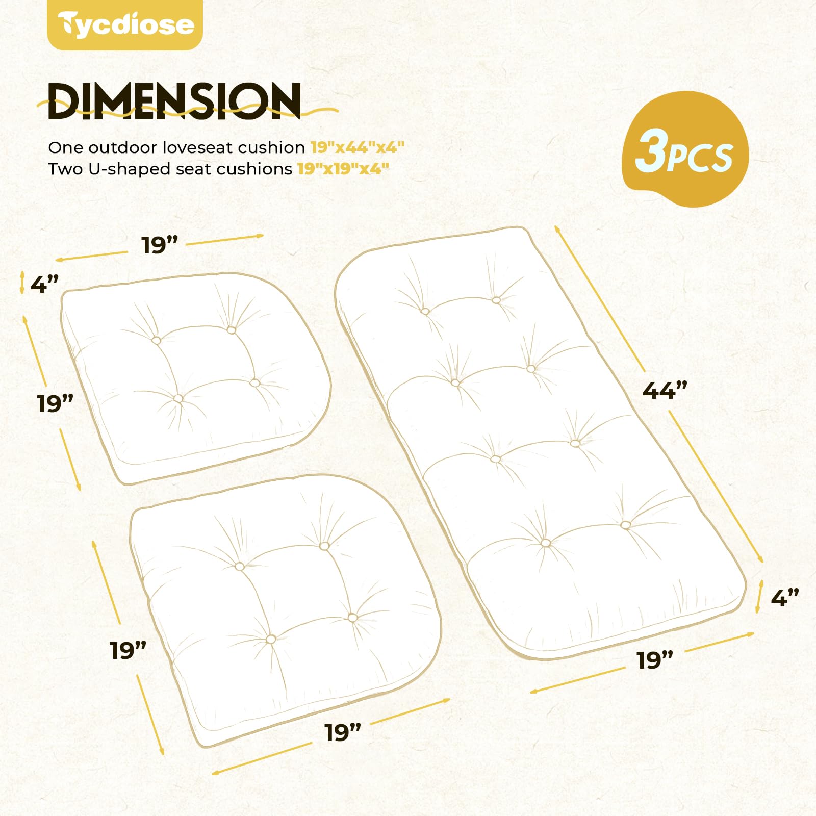 All Weather Wicker Chair Cushions of 3 Pieces, Waterproof Outdoor Wicker Chair Cushion for Patio Furniture Loveseat Settee Bench, 1 Loveseat and 2 U-Shaped Thickened Cushions, Grey