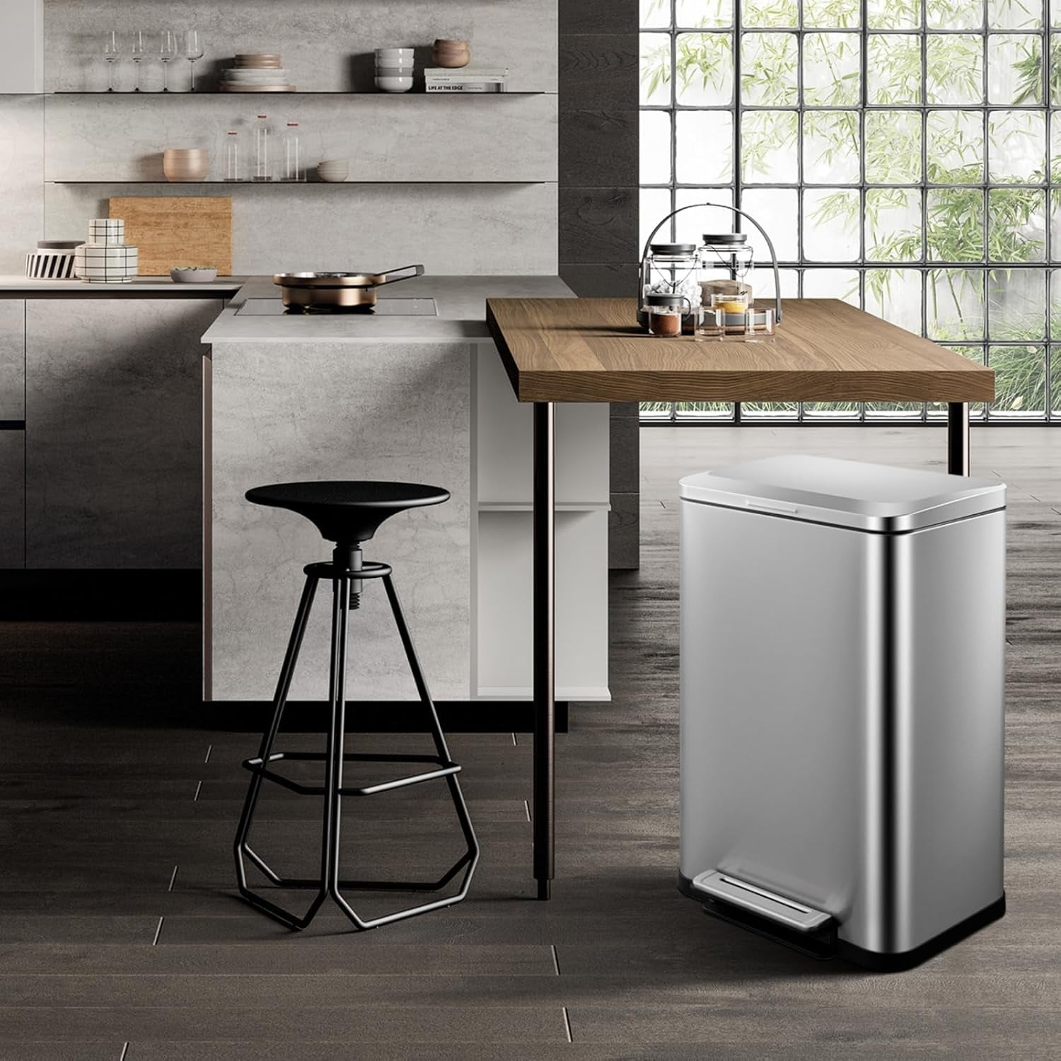 13 Gallon Tall Kitchen Garbage Can, Hands-Free Stainless Steel Trash Can, Soft-Close Step Pedal, Rectangular Smudge Resistant Kitchen Trash Can with Removable Inner Bucket, 17.6"L x 13.4"W x 24.1"H