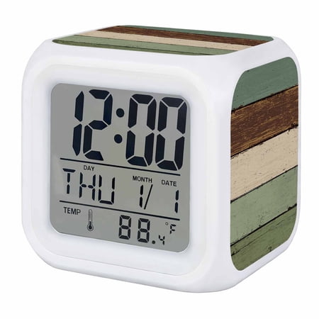 Green Brown Digital Alarm Clock for Bedrooms, Smart LED Alarm Clock with 7 Color Changing Night Light, Country Wood Grain Abstract Stripe Silent Wake Up Clocks for Sleep Study Cooking 3.2x3.2