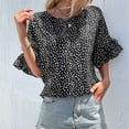 thumbnail image 3 of Women Round Neck T Shirt Leopard Printing Short Ruffle Sleeves Loose Fitting Summer Casual Blouse Black L, 3 of 7