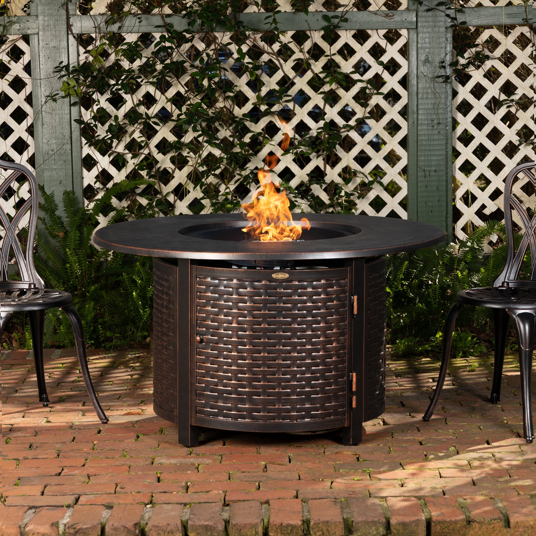 Fire Sense Florence Woven Aluminum Gas Fire Pit Table with Fire Bowl Lid-Antique Bronze-Round 44"