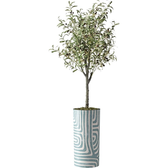 Artificial Tree in Geometric Pattern Planter, Fake Olive Silk Tree for Indoor and Outdoor Home Decoration - 68" Overall Tall (Plant Pot Plus Tree)