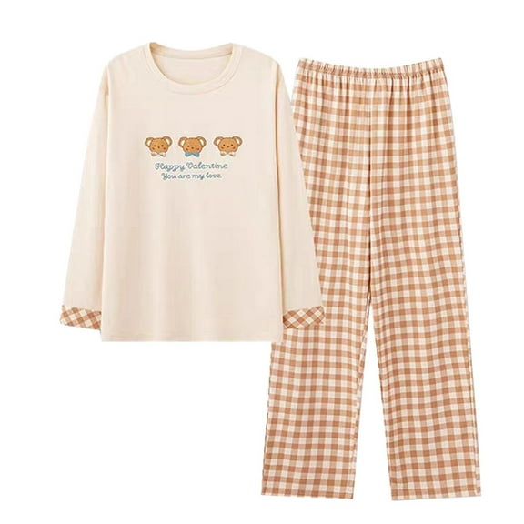 Yuanlong Womens Pajama Sets Cartoon Pajamas Suit For Women Crew Neck Long Sleeved Plaid Wide Pants Sleepwear Two Piece Set