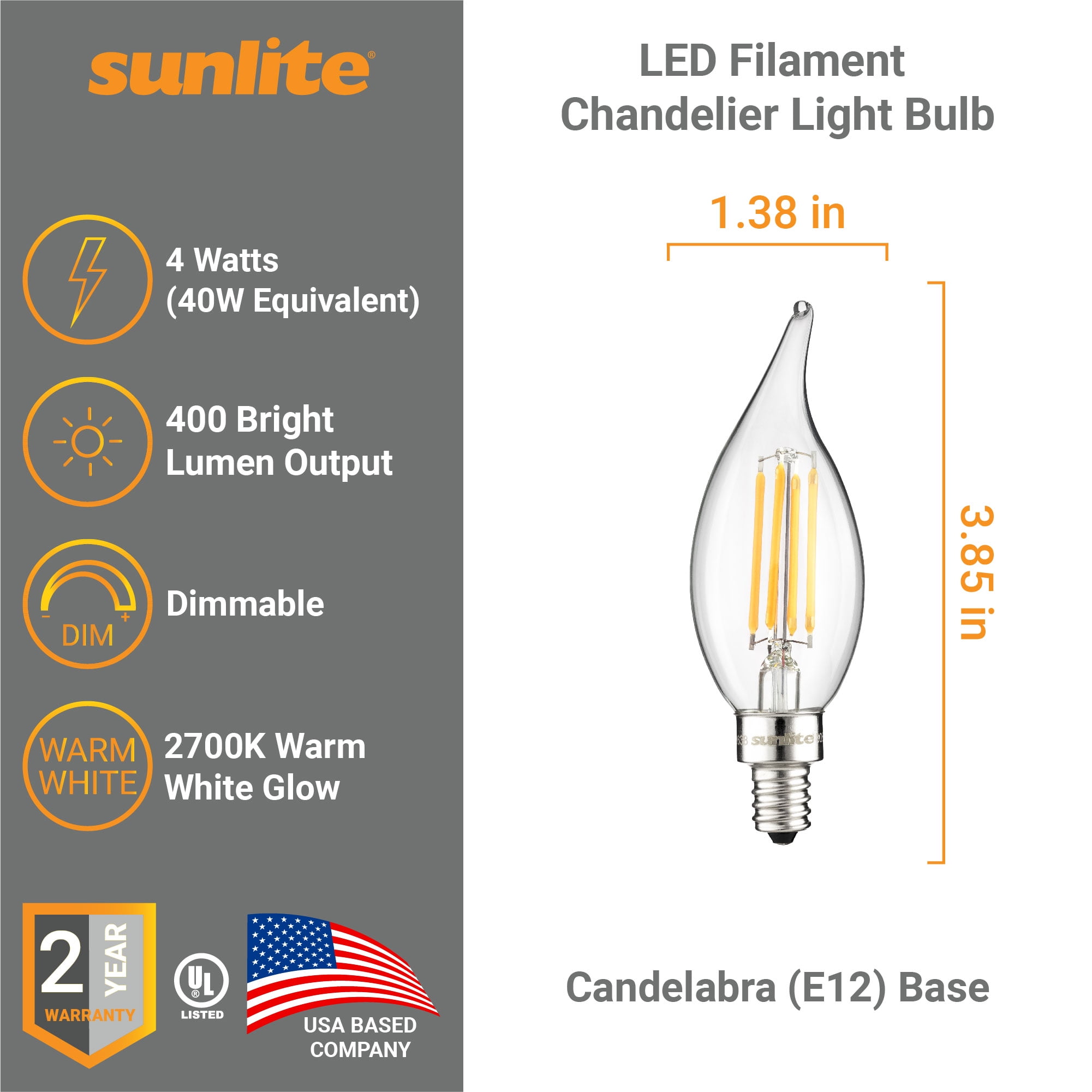 Sunlite LED Filament CA11 Flame Tip Chandelier Light Bulb 4 Watts (40W Equivalent), Candelabra E12 Base, Dimmable, UL Listed, 2700K Warm White, 6 Pack
