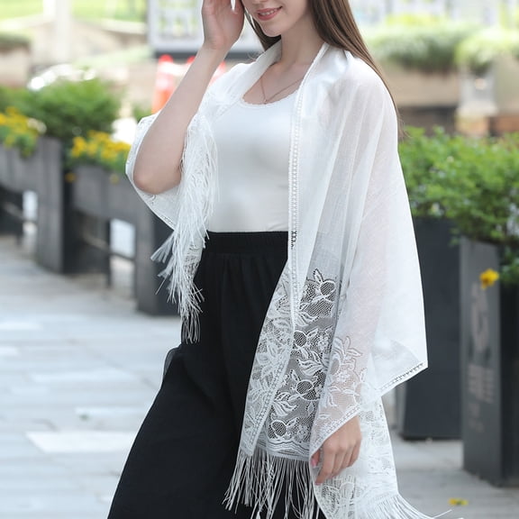 Lace Hollow Tassel Shawl Elegant Dress Shawl for Party,White