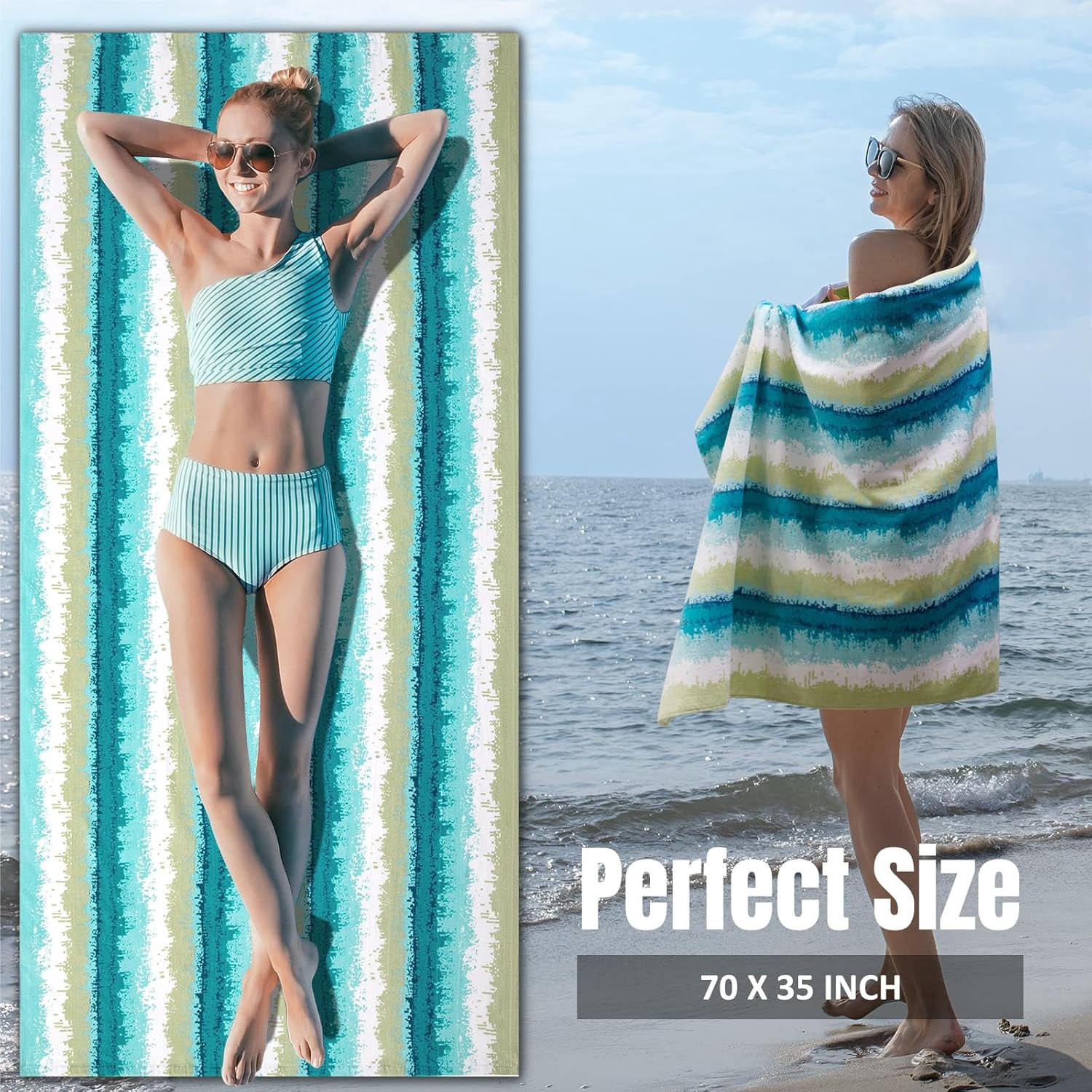 Large Beach Towel Oversized - Cotton Velour  Inch Coast Waves Camo Striped Terry Pool Towel, Soft Swimming Towel for Adults Women Men