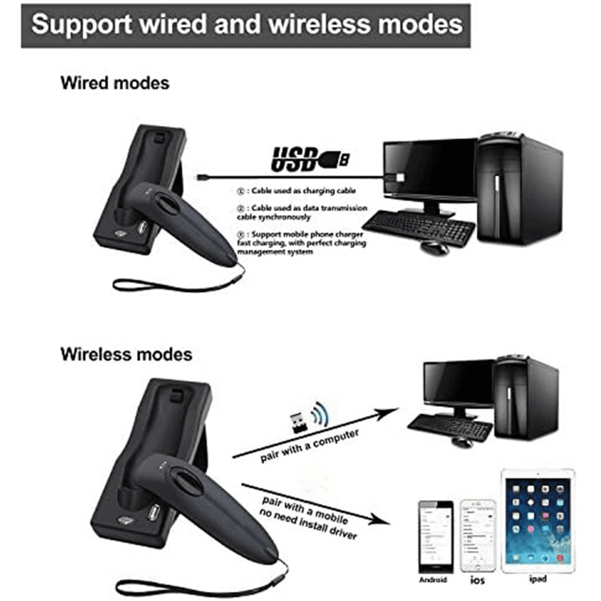 Bluetooth Wireless Barcode Scanner Handheld USB Barcode Reader Scanner with Charging Base with Vibration Alert