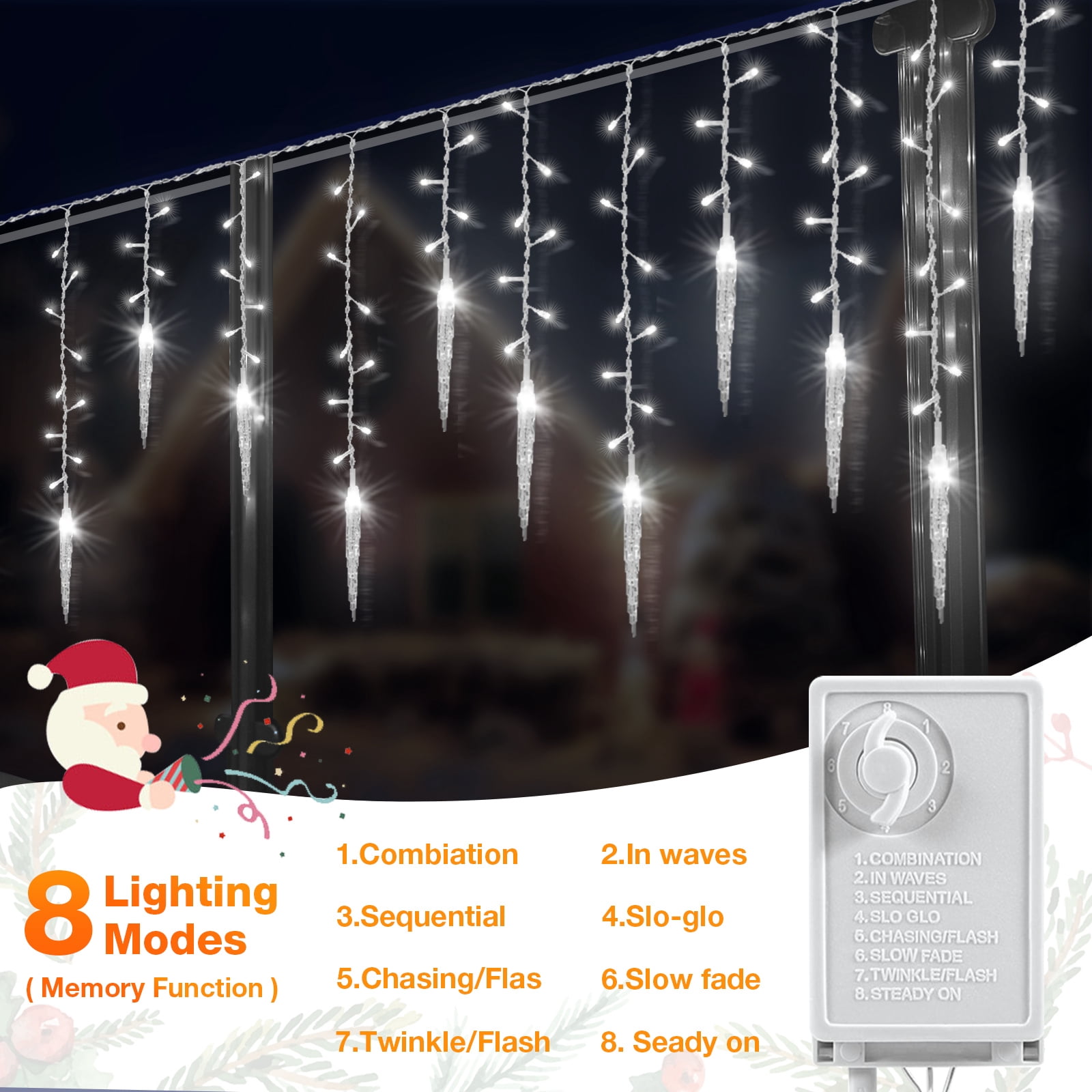 DONGPAI Christmas Icicle Lights, 11.5Ft 96 LED 8 Modes Icicle String Lights with 16 Drops Window Curtain Fairy Lights Outdoor Indoor for Christmas Wedding Holiday Decor