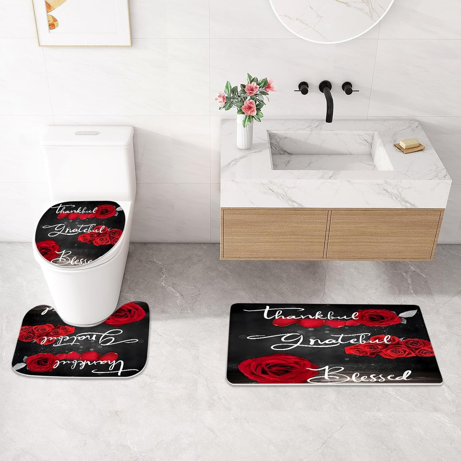 4 Pcs Red Rose Shower Curtain Set with Non-Slip Rugs, Toilet Lid Cover and Bath Mat, Thankful Grateful Blessed Romantic Showy Elegant Floral Bathroom Decor Set with Shower Curtain and Rugs
