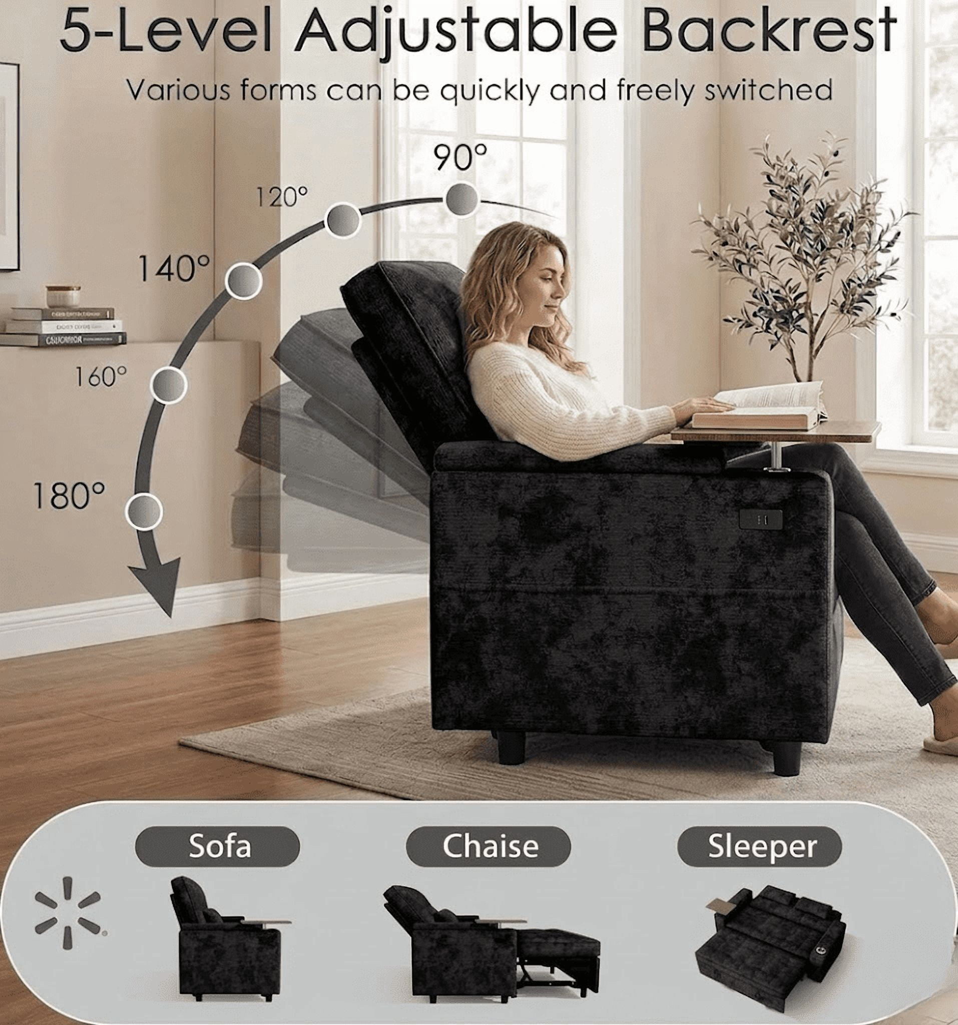 Howcool 65" Sleeper Sofa Bed, 3-in-1 Convertible Pull Out Couch Bed with Tray Table & Cup Holders, Chenille Loveseat Sofa with Adjustable Backrest for Living Room, Apartment(Black)