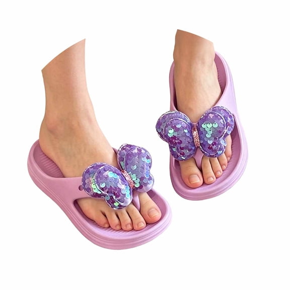 Rhuody Toddler slipper For Girls Summer Sparkly Bow Slides Soft Sole Non Open Toe Outdoor Flip Flop Sandals Durable Shoes Purple 4-5 Years