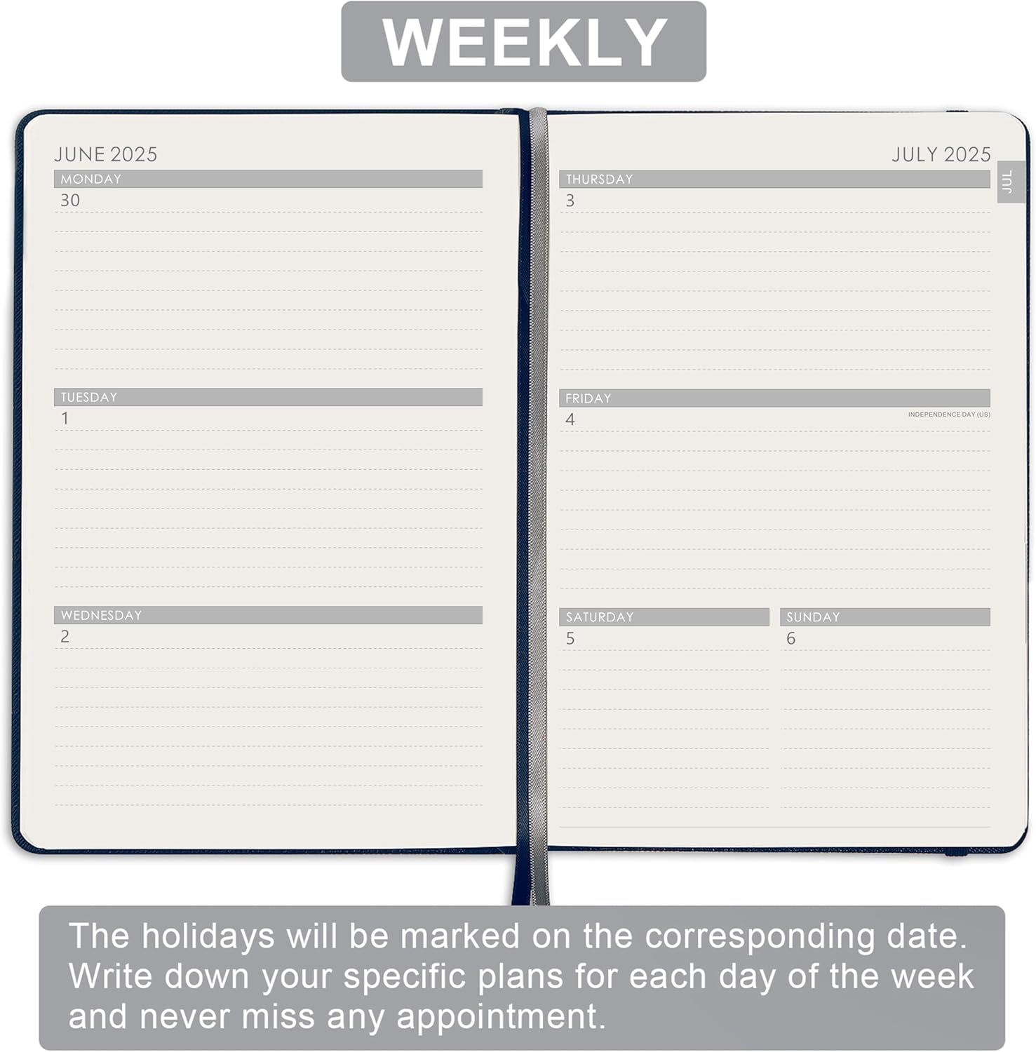 Planner 2025-2026 - Academic Planner 2025-2026, Jul. 2025 - Jun. 2026, 12-Months Weekly and Monthly, 5.75" x 8.25", Saffiano Leather with Thick Paper, Back Pocket with 40 Notes Pages - Navy Blue