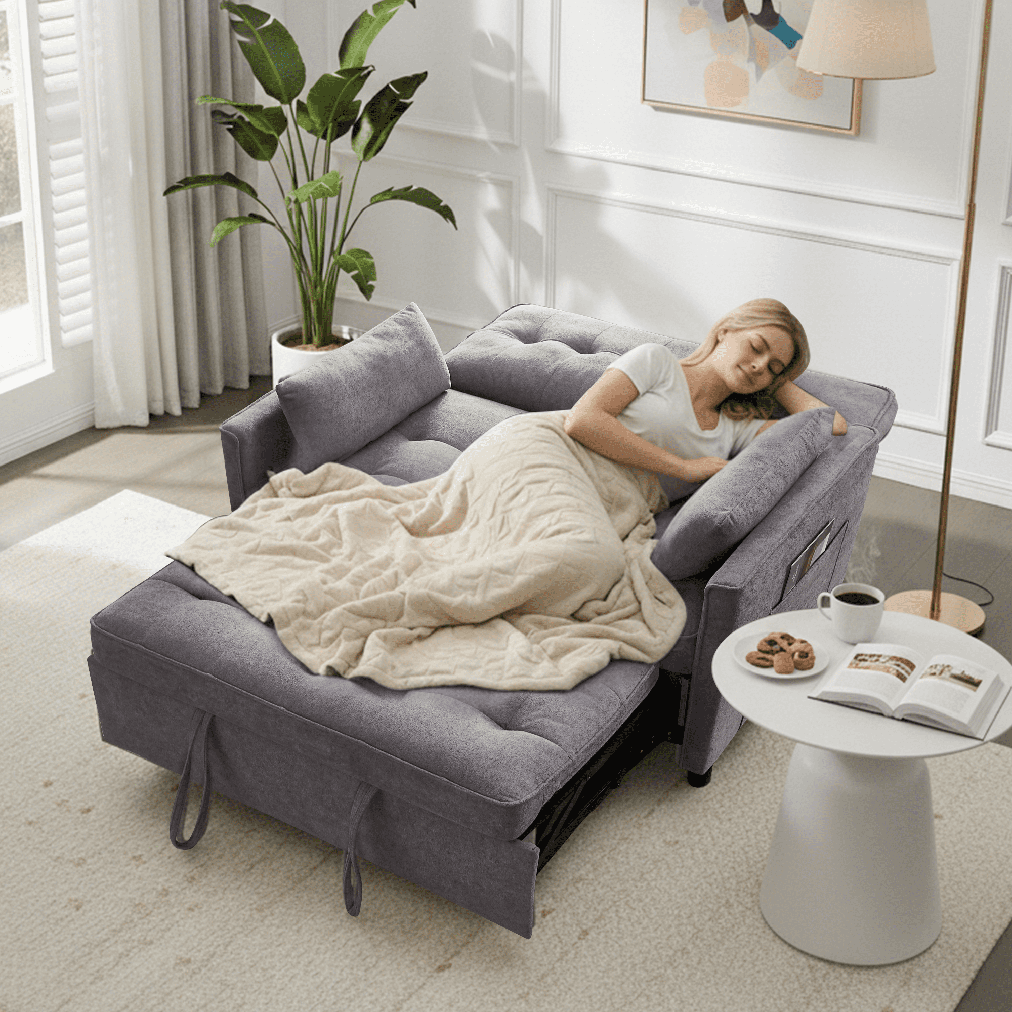 Convertible Sofa Bed,55" 3-in-1 Sleeper Sofa with Pull Out Bed,Sleeper Couch Loveseat with Adjustable Backrest,USB Charging Ports & Side Pockets for Living Room,Apartment,RV,Easy Assembly,Grey
