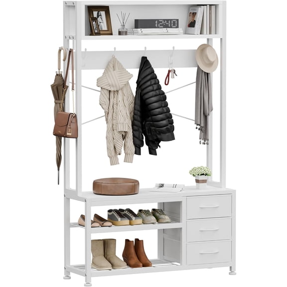 HOWEN Hall Tree with Bench and Shoe Storage, 31.5" Coat Rack Freestanding with 2-Tier Storage Shelf, 5-in-1 Entryway Bench Coat Rack with 12 Hooks and 3 Drawers(White)