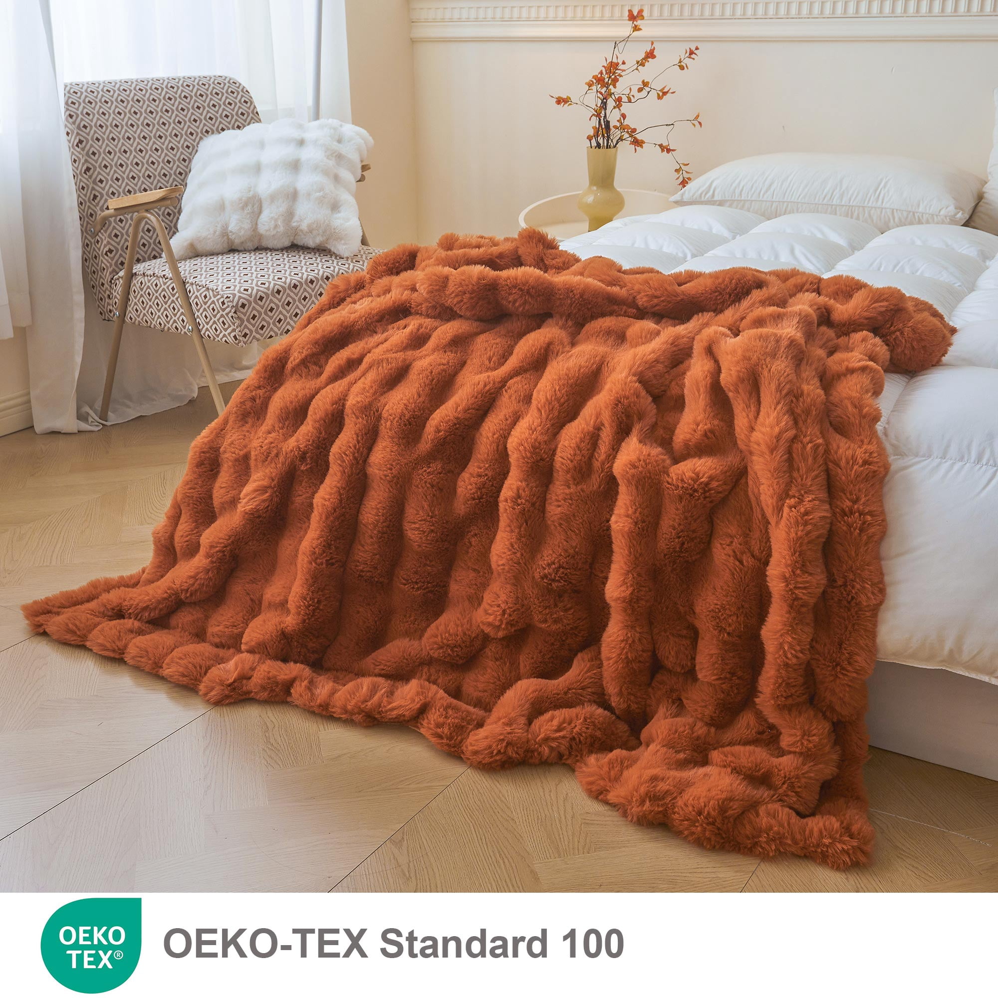 LIFEREVO Fluffy Faux Rabbit Fur Bubble Blanket, Plush Shaggy Waffle Throw for Couch Sofa, Cozy Furry Bed Blanket Adults Kids Teens Girls, Fuzzy Throw for Bedroom Living Room, 60x90, Burnt Orange