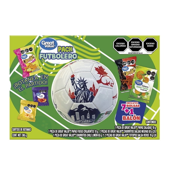 Surtido de Botanas Great Value 7 Pack Futbolero + Balón