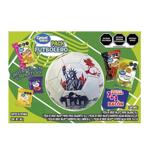 Surtido de Botanas Great Value 7 Pack Futbolero + Balón