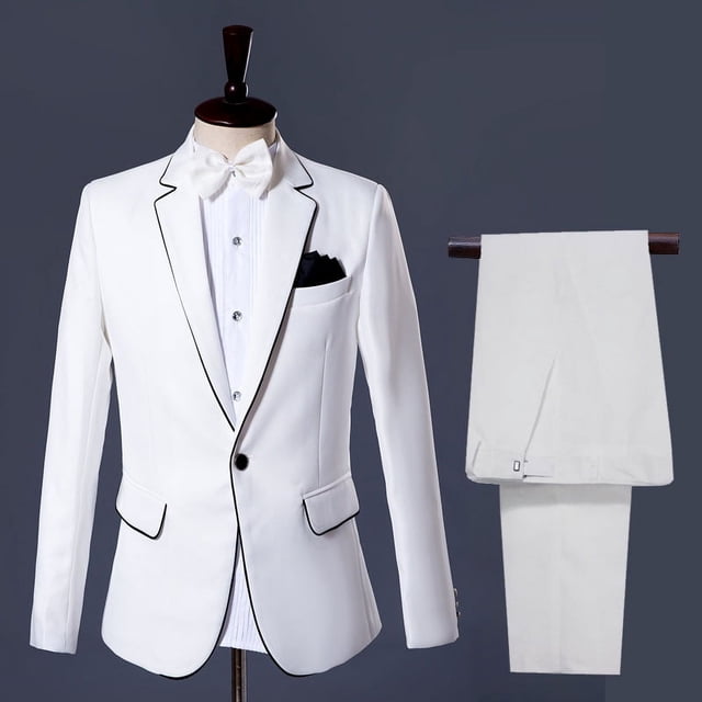 Traje de fotografía para hombre, traje de escenario, traje de cantante anfitrión, traje de reunión anual, blanco con borde negro