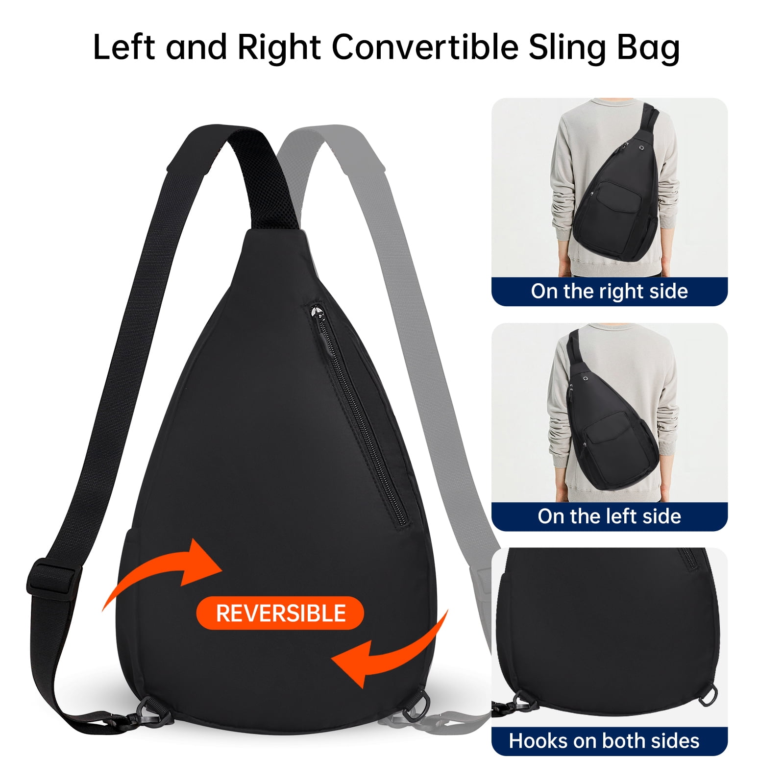 HAWEE Sling Backpack Crossbody Shoulder Left and Right Chest Bag for Women Men Travel Hiking Daypack, Black