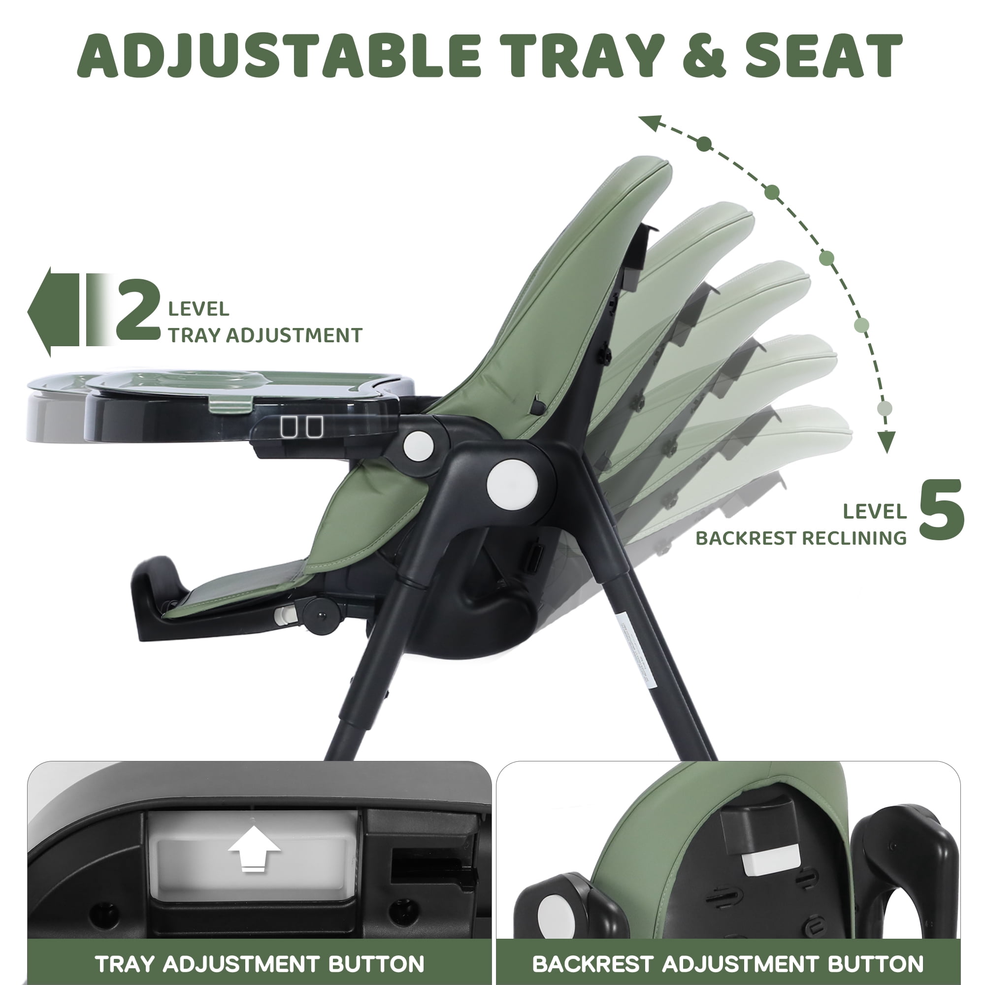 AILEEKISS Foldable High Chair for Baby, Toddler Eating Chair with Detachable Double Trays, Green
