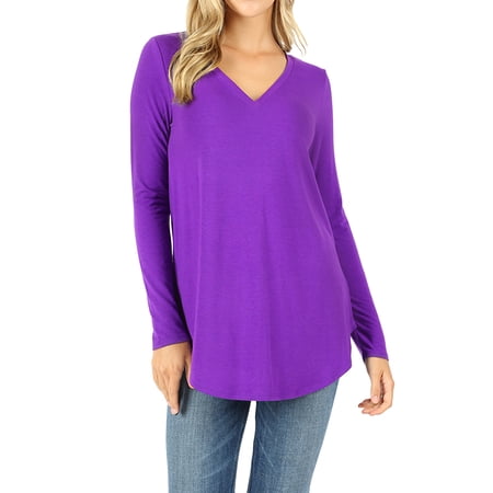 Women & Plus(S-3X) Relaxed Fit Long Sleeve V-Neck Round Hem Jersey Tee Shirt Top (Single & Multi-Packs Available) price history on PriceWatchPro