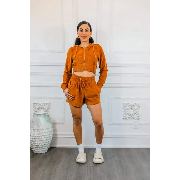 Loop Terry Zip Up Cropped Hoodie and Drawstring Waist Shorts Set