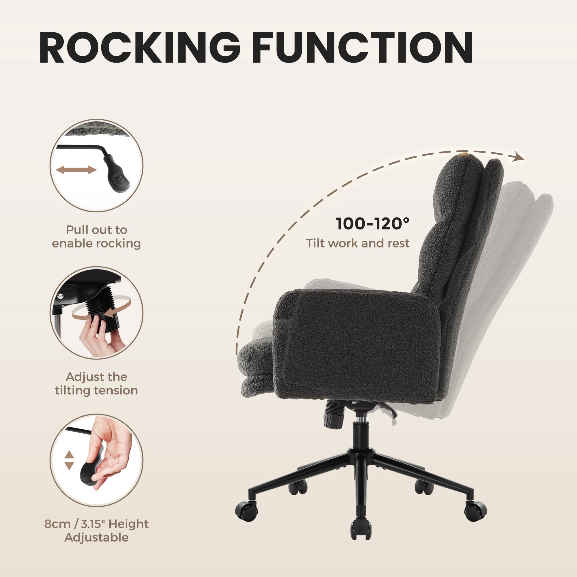 Gray High-Back Home Office Chair,Upholstered Desk Chair with Armrests,Height Adjustable Armchair with Wheels, Swivel Office Desk Chair, Ergonomic Computer Task Chair
