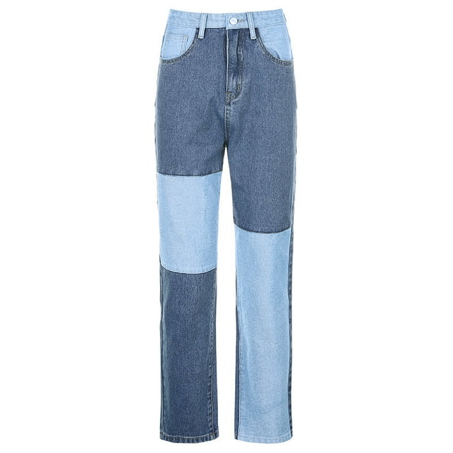 Kmbangi Jeans Droits Taille Haute à Imprimé Teinture sur Nœuds et Patchwork pour Femmes
