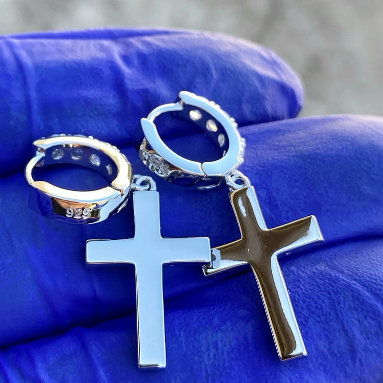 ピアス Luxury Street Wear ICE Silver 925 earrings cross.3 unisexual Real 925 Solid Sterling Silver Cross Hoop Dangle Bling Iced