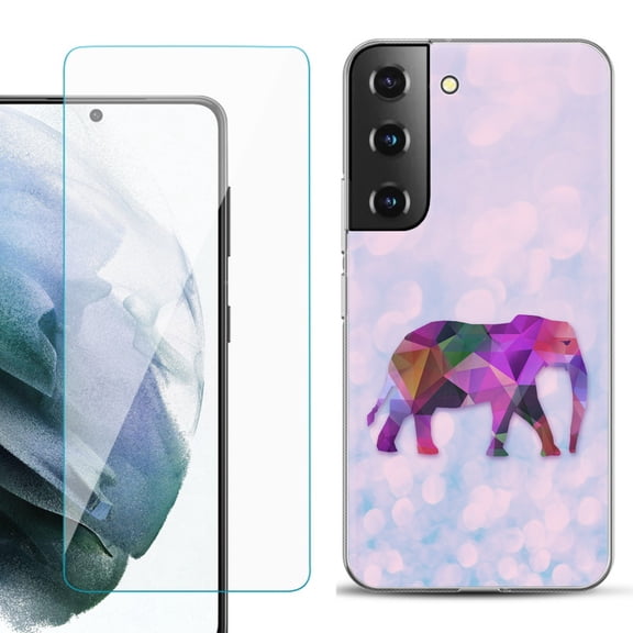 Slim-Fit TPU Fashion Phone Case for Samsung Galaxy S22 5G, with Tempered Glass Screen Protector, by OneToughShield ® - Elephant /Polygon