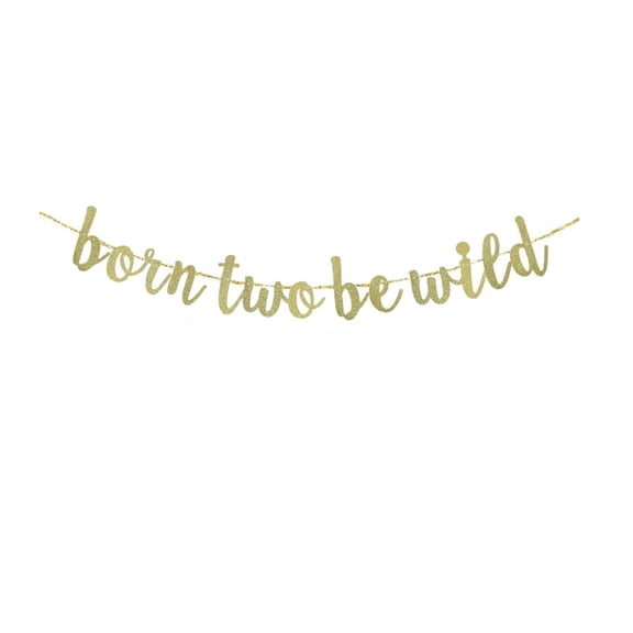 Born Two Be Wild Banner, Gold Glitter Paper Sign For Two Years Old Birthday Party Supplies, Baby Kids 2nd Birthday Party Decorations