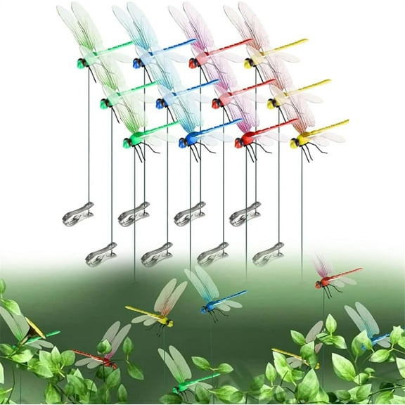 Duslogis Artificial Dragonfly Pole Clips for Outdoors，Dragonfly Hat Clip，Outdoor Horticultural Dragonfly Decoration，3D Dragonfly Garden Decorative Clips（12pcs）