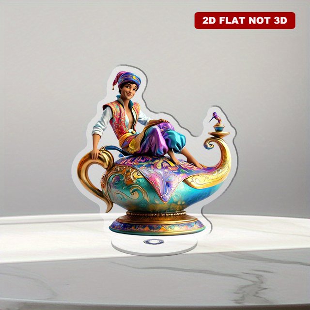 Rotating acrylic ornament featuring a vibrant Aladdin's lamp with a beautiful genie, showcasing intricate details and bright colors against a white background