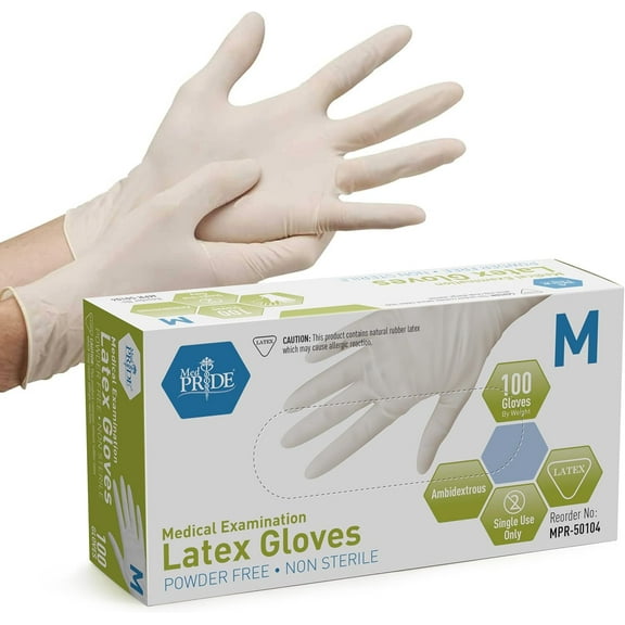 Med Pride Disposable Latex Gloves, 5 Mil Thick 100 Count White Exam Gloves, Medical Grade, Powder-Free, Medium