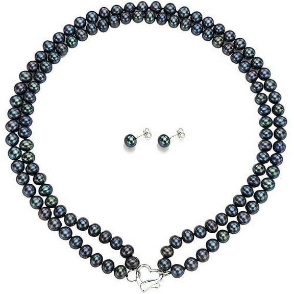ADDURN Double Row 6-7mm Black Freshwater Pearl Heart-Shape Sterling Silver Clasp Necklace (18") with Bonus Pearl Stud Earrings