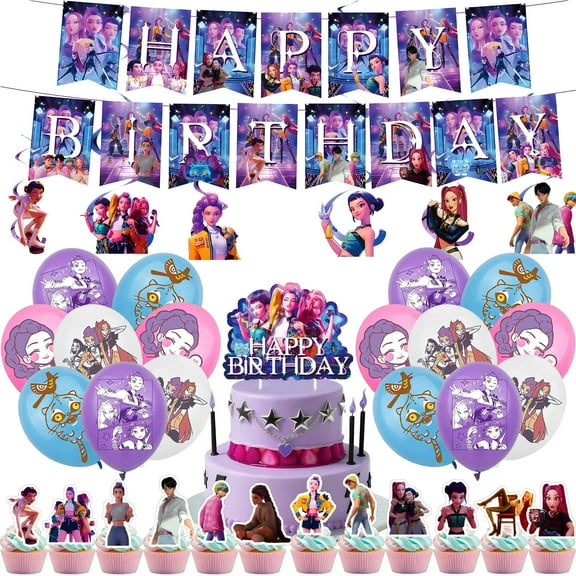 40 Pcs For K-D-Hunters Theme Birthday Party Decorations Set,With 1 Happy Birthday Banner,20 Balloons,6 Spiral ornament,13 Cupcake Toppers,All in One Celebration Party Kit Supplies