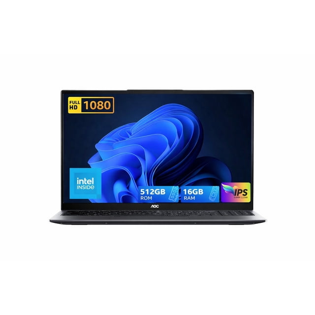 laptop aoc ap15 intel n97 16 gb ddr4/512 gb windows 11 15 6'' Vista frontal centrada de la laptop AOC AP15 en color gris con pantalla 15.6'' Full HD mostrando el escritorio de Windows 11; teclado integrado, biseles delgados y base delgada sobre fondo blanco, iconos en pantalla que indican 512GB SSD y 16GB RAM; portátil orientada a productividad y multimedia, adecuada para estudiantes y profesionales en movilidad.
