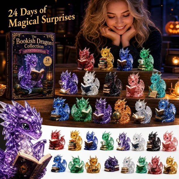 Uemqzd The Bookish Dragon Collection Advent Calendar 2026, 24 Days 2D Acrylic Dragon Ornaments Countdown Calendar, 24Pcs Flat Reading Dragon Hanging Decorations for Xmas Tree Book Lovers Gift