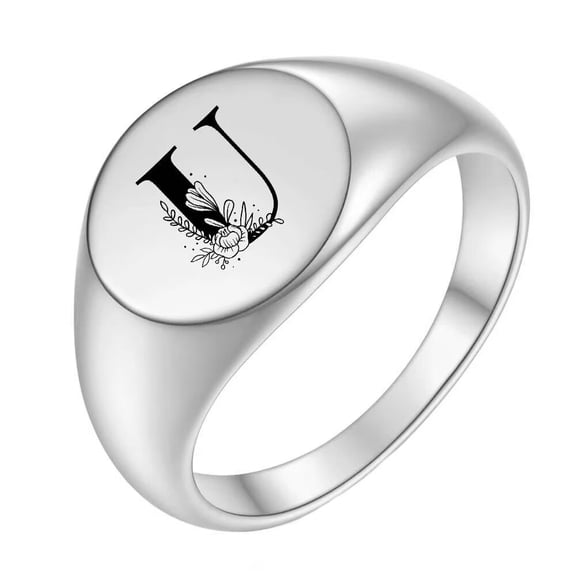 PAMTIER Mens Womens Stainless Steel 12MM Round Simple 26 Initials Alphabet Flower Personality Trend Wedding Rings Silver U Size 5