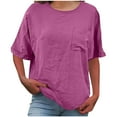 thumbnail image 4 of LEKWK Plus Size Womens Linen Top Boxy Fit Round Neck Basic Tops for Woman Short Sleeve Casual Tops Chest Pocket Soft Daily School Wear, 4 of 9