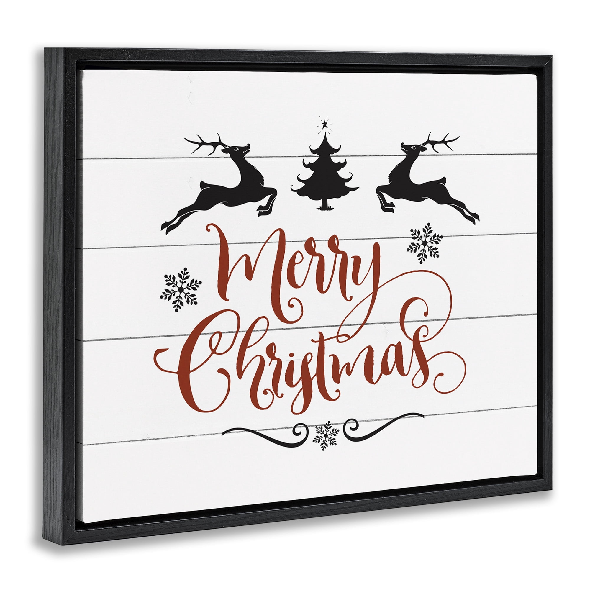Stupell Industries Merry Christmas with Reindeer Holiday Painting Black Floater Framed Canvas Art Print Wall Art, 31 x 25