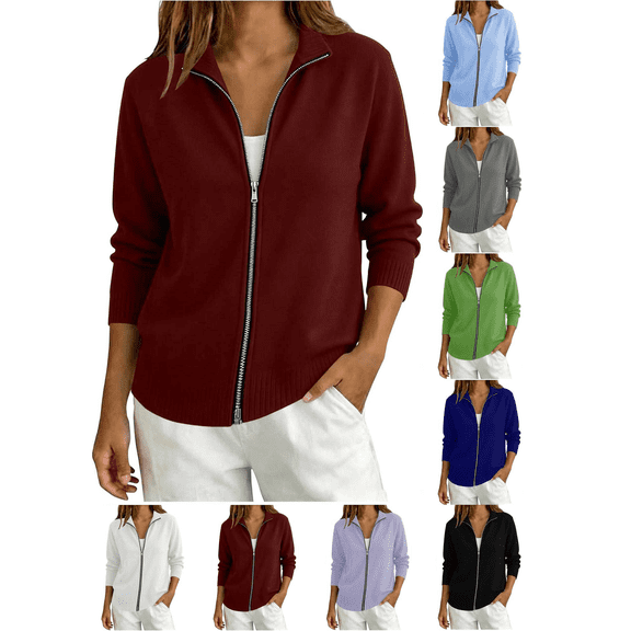 Liuinsasek Zipper Sweater for Women Fashion Solid Color Casual Zip Mock Neck Long Sleeve Sweater Cardigan Outerwear Fall Winter Clothing
